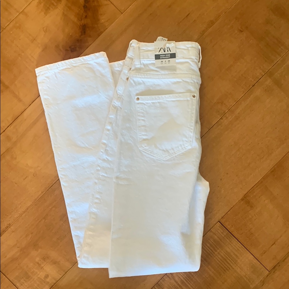 Zara White Jeans High Rise Straight Leg